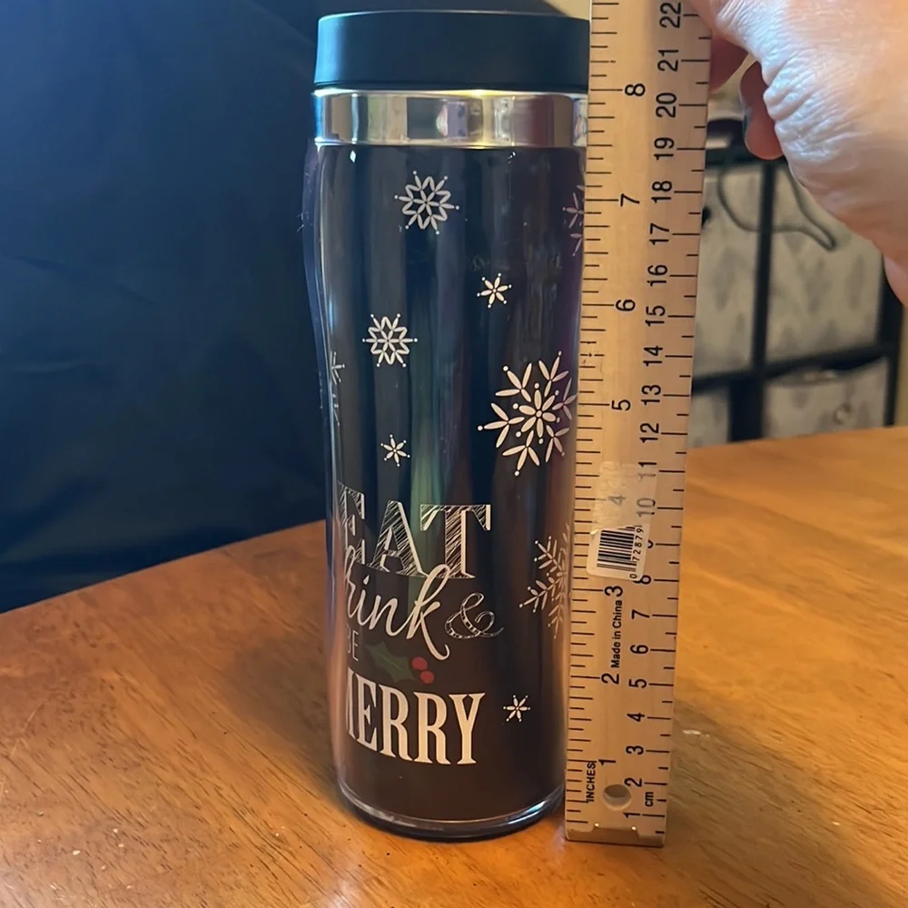 Holiday Black & White Chic Travel mug “eat drink be merry” Snowflakes & Holly